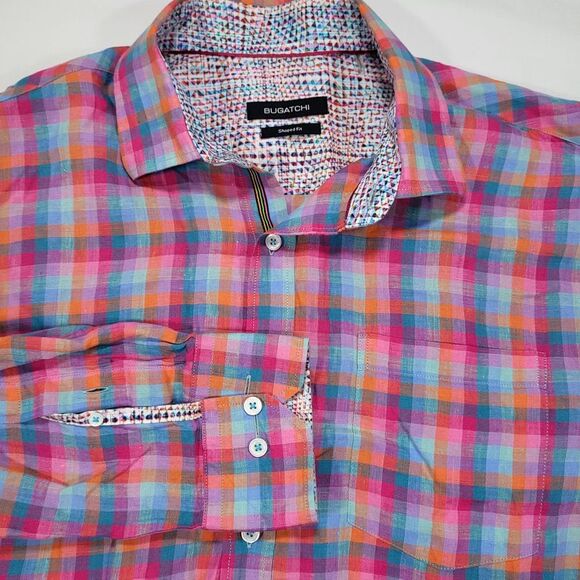 Bugatchi Men's Large Shaped Fit 100%‎ Linen Plaid Long Sleeve Shirt Flip Cuff - Picture 1 of 11